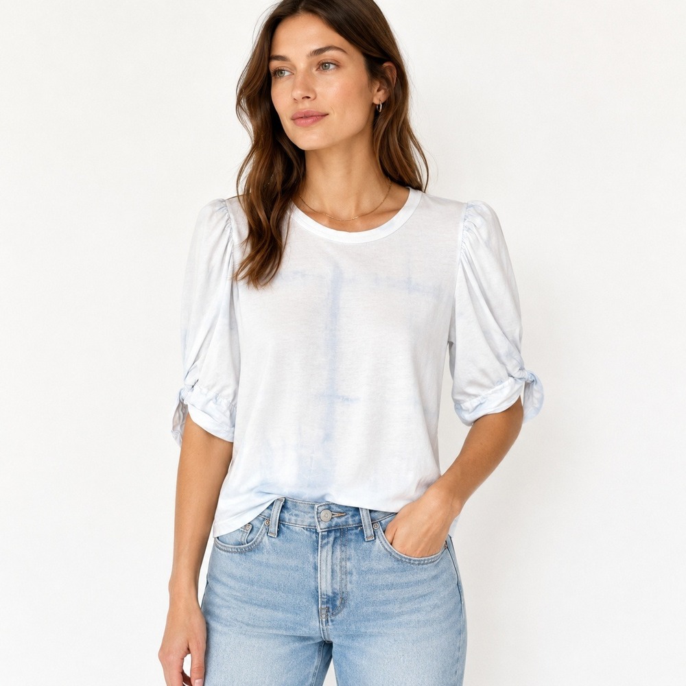 A.L.C. Cotton Puff Sleeve Tie Dye Top Women L White Blue Made in USA 8KTOP00505